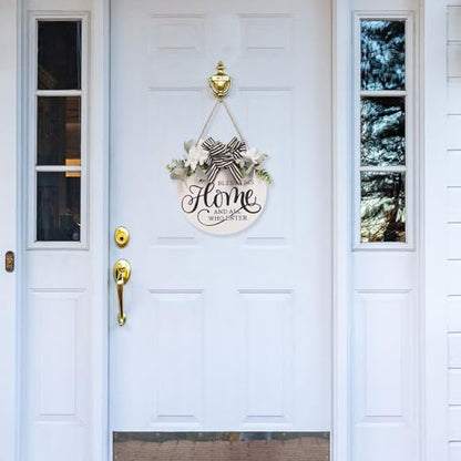 Welcome Sign for Front Door, 11.8 Inch Bless This Home and All Who Enter Sign with Wreaths, Round Wood Wall Hanging Decor for Home Front Porch Outdoor