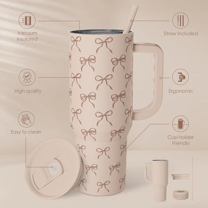 SANDJEST Bow Tumbler with Handle and Straw 40oz – Stainless Sleel Slider Tumbler Travel Coffee Mug for Women - Gift Idea for Birthday Christmas - color: Bow 1