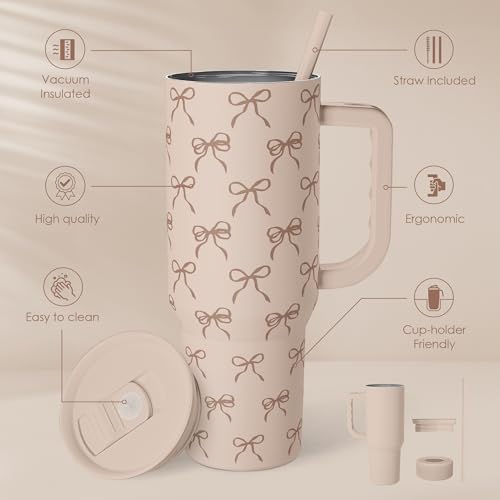SANDJEST Bow Tumbler with Handle and Straw 40oz – Stainless Sleel Slider Tumbler Travel Coffee Mug for Women - Gift Idea for Birthday Christmas - color: Bow 1