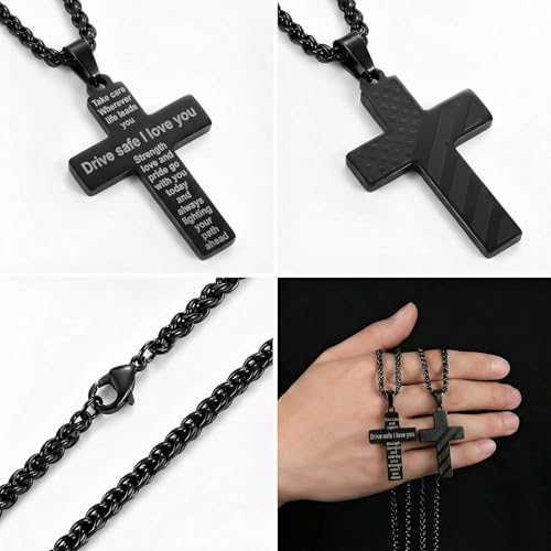 Cross Pendant for Car Rearview Mirror Hanging, Stainless Steel Cross with Drive Safe Message, Meaningful Car Charm Gift for Drivers and Loved Ones (Black) - color: Black