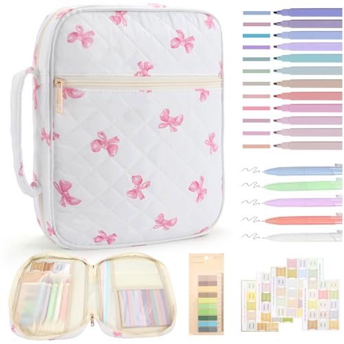 Zkptops Bible Cover Case for Women Girls Large Bible Bag Cotton Quilted Bible Carrying Case with Zipper Pocket and Handle Pink Bow Christian Carrying Book Cover for Christian Study Supplies Gift - color: Fr Pink Bow