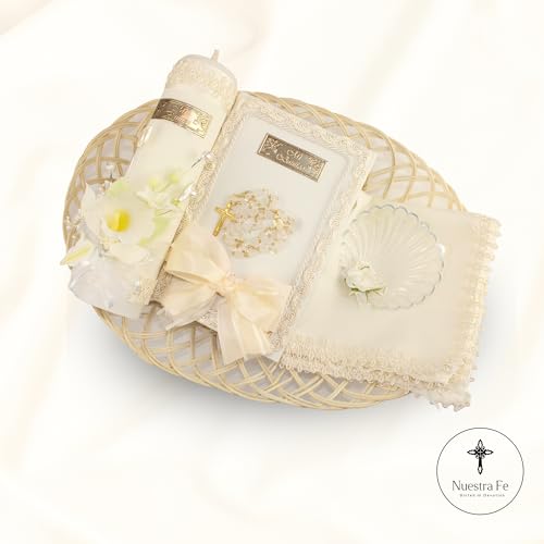 Complete Baptism Candle Set Unisex 5 pc | Baptism kit Catholic with Rosary - color: Cream
