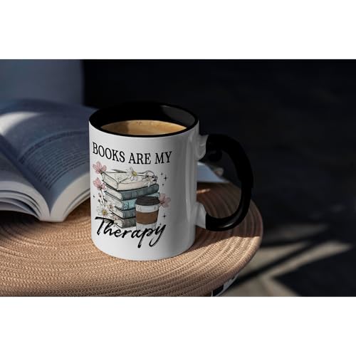 Book Lover Gifts - Books Are My Therapy Mugs with Black Handle, Bookish Coffee Mug with Stacked Book Design, Birthday, Christmas Gift for Books Lovers Women, Bookworm Mugs for Readers - color: Book with Black Handle