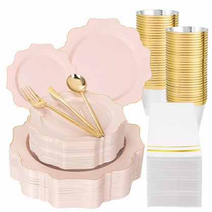WDF 350Pcs Pink Plastic Plates - Pink and Gold Disposable Plates 50Guest Plastic Dinnerware for Baby Shower/Birthday/Wedding/Fall Party/Thanksgiving/Holidays - color: Pink and Gold, size: 350 pieces