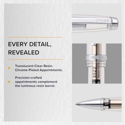 Cross Lume Translucent Translucent Clear Resin Rollerball Pen - Chrome-Plated Appointments - Black Medium Gel Rollerball - 0.40mm Line Width - Lifetime Mechanical Warranty - color: Clear