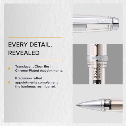 Cross Lume Translucent Translucent Clear Resin Rollerball Pen - Chrome-Plated Appointments - Black Medium Gel Rollerball - 0.40mm Line Width - Lifetime Mechanical Warranty - color: Clear