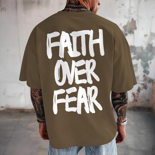 Christian Jesus Shirts for Men Faith Over Fear Shirt God Religious Bible Verse Inspirational Oversized Graphic Tees - color: Brown, size: Small