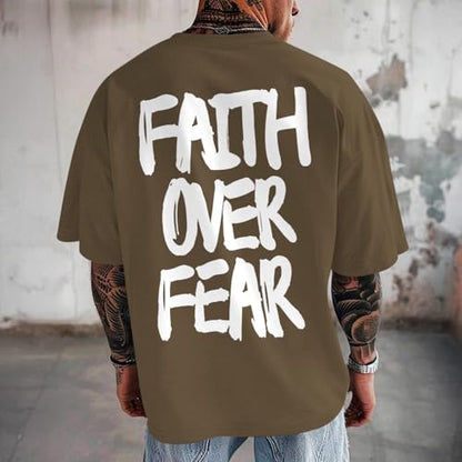 Christian Jesus Shirts for Men Faith Over Fear Shirt God Religious Bible Verse Inspirational Oversized Graphic Tees - color: Brown, size: Medium