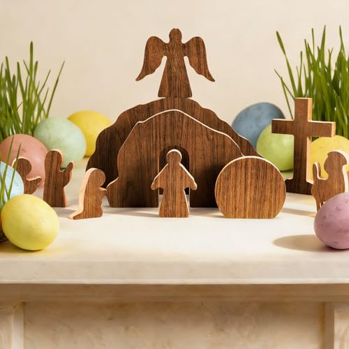 JarThenaAMCS Empty Tomb Easter Table Scene and Cross Decoration Wooden Jesus Nativity Scene He is Risen Centerpiece for Christian Party Home Tabletop Tray Decor, Set of 10 Pcs