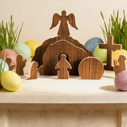 JarThenaAMCS Empty Tomb Easter Table Scene and Cross Decoration Wooden Jesus Nativity Scene He is Risen Centerpiece for Christian Party Home Tabletop Tray Decor, Set of 10 Pcs