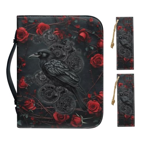 Faux Leather Bible Cover Church Bible Bag with Bookmarks Black Raven Red Rose Print Book Covers Carrying Bible Case with Zippered Pockets for Prayer Christian Study, M - color: Black Raven Red Rose, size: Medium