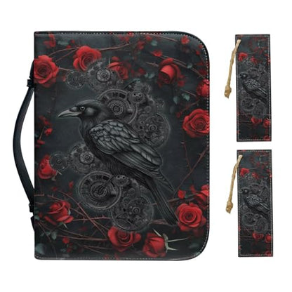 Faux Leather Bible Cover Church Bible Bag with Bookmarks Black Raven Red Rose Print Book Covers Carrying Bible Case with Zippered Pockets for Prayer Christian Study, XL - color: Black Raven Red Rose, size: X-Large