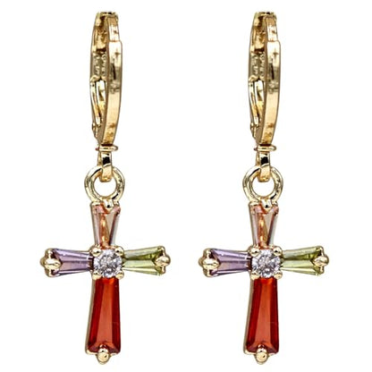 18K Gold Plated, Dangle Earrings for Women, Flower/Heart Drop earrings, Hypoallergenic Cubic Zirconia Earrings, Lightweight, Party, gold earrings, Jewelry for Gifts, Fashion - style: Drop-Cross-Mix