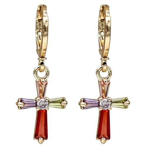 18K Gold Plated, Dangle Earrings for Women, Flower/Heart Drop earrings, Hypoallergenic Cubic Zirconia Earrings, Lightweight, Party, gold earrings, Jewelry for Gifts, Fashion - style: Drop-Cross-Mix