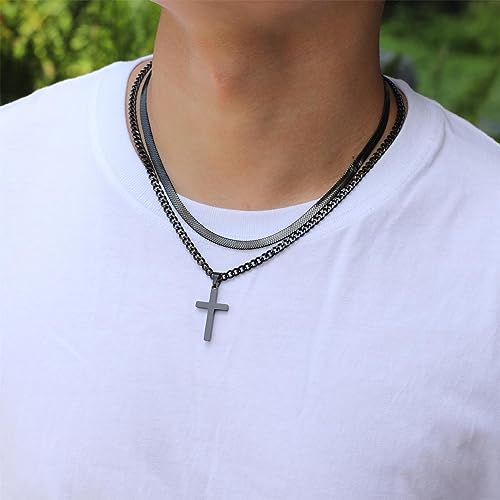 Zocomi Cross Necklace for Men Boys, Stainless Steel Layered Cuban Link Herringbone Chain Cross Pendant Christian Fashion Jewelry Gifts 16-24 Inches - color: Black, size: 22inch/24inch, style: Herringbone+Cuban