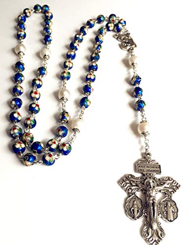 elegantmedical Handmade NICE Blue CLOISONNE & 10mm Pearl BEADS ROSARY NECKLACE Italy Parden cross Crucifix Catholic gift