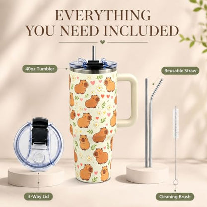 Capybara Tumbler 40 oz with Handle, Cute Capybara Gifts for Women Girls, Insulated Stainless Steel Cup with Straw, Funny Animal Lover Gift for Capybara Fans - color: Capybara1