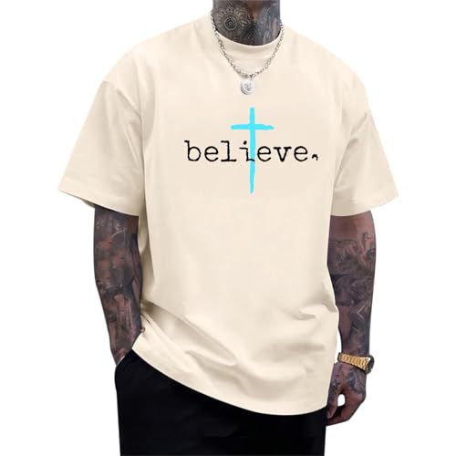 BeWithYou Christian Shirts for Men Vintage Faith Jesus God Tshirt Inspirational Cross Bible Verse Shirt Oversized Graphic Tee - color: Apricot, size: Large
