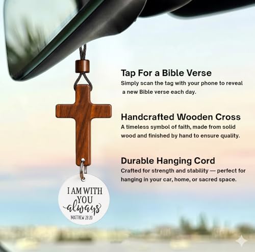 Daily Bible Verse Rearview Mirror Cross Ornament – Daily Scripture Car Charm Hanging Cross for Car with “I Am with You Always” Medallion (White) - color: White