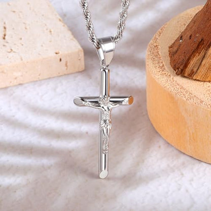 ALEXCRAFT Sterling Silver Plated Cross Necklace for Men Gold Plated Cross Necklaces for Women Trendy Stainless Steel Crucifix Pendant with 3mm 21inch Rope Chain - color: Silver-21in