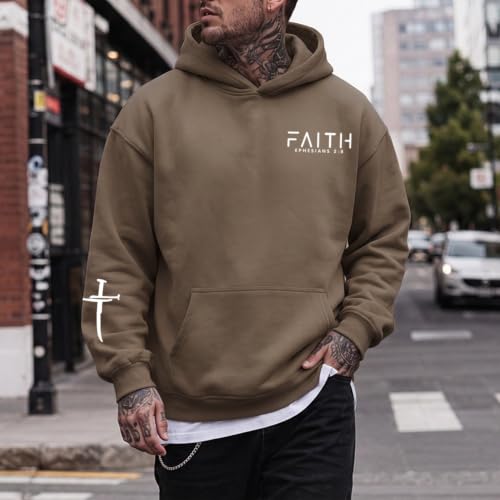 Christian Hoodies for Men Faith Cross Graphic Hoodie Jesus Fleece Sweatshirts Bible Verse Religious Pullover Tops - color: Coffee, size: Small