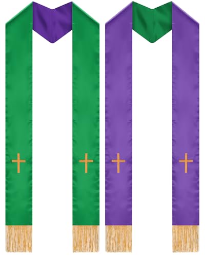 Eurzom 2 Pcs Reversible Clergy Stole with Cross Tassels - color: Green,purple