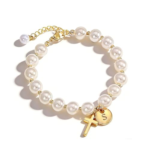 Cross Initial Bracelet Dainty Gold Cross Pearl Bracelet with Letter A-Z Christian Baptism Gifts Religious Faith Jewelry Stocking Stuffers for Teens - color: Gold S