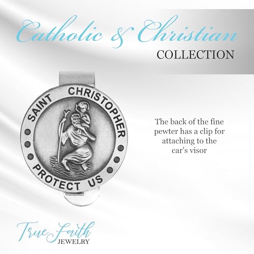 True Faith Jewelry Round St Christopher Medal Visor Clip for Car, Patron Saint of Travelers, Gift for New Driver, Fine Pewter (92% Tin) - size: St. Christopher (Round) 3