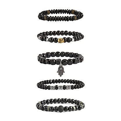 HZMAN Handmade Hemp Cords Wood Beads Leather Bracelets for Men Women - style: Hand of Fatima