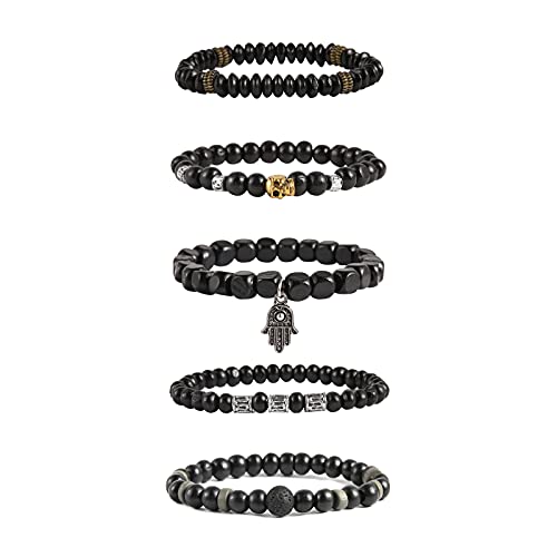 HZMAN Handmade Hemp Cords Wood Beads Leather Bracelets for Men Women - style: Hand of Fatima