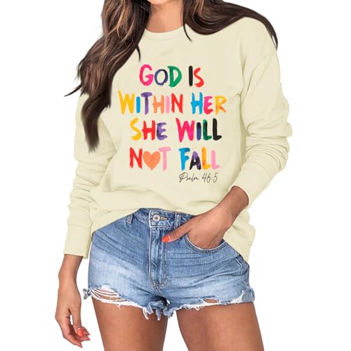 Wrenpies Christian God Is Within Her Sweatshirts for Women Jesus Faith Bible Verse Shirts Inspirational Hoodie Pullover Tops - color: Apricot, size: X-Large