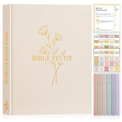 Lanpn Bible Study Journals for Women with Tabs & Highlighters, Church Notes Taking Daily Devotional Journaling, Linen Bible Prayer Guide Notebook Christian Religious Faith Based Gifts, Beige - color: Beige