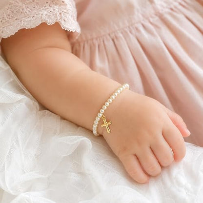 Mud Pie Pearl Cross Bracelet for Girls, Baby Baptism Bracelet With Gift Box
