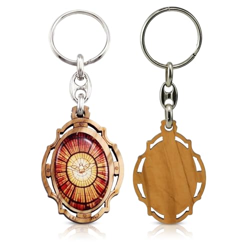 RosaryMart Olive Wood Religious Keychain for Men and Women | Catholic Keychain | Car KeyRing | Party Favors Key Holder - color: C-holy Spirit