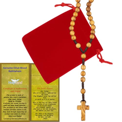 Holy Land Market Catholic Olive Wood Rosary for Men and Women - Hand-Carved Wooden Beads from Bethlehem, with Certificate & Lord's Prayer Card and Pouch, Corded Rosary best for First Communion or Confirmation
