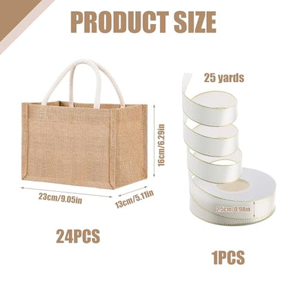 24 Pcs Burlap Tote Bag Mini Jute Reusable Waterproof Bag with Handles Small Blank Canvas for Wedding Welcome,Beach,Bridesmaid,Reusable Bulk Jute Bags with Cream Ribbons DIY Gifts(9.06 x 6.3 x 5.12'')