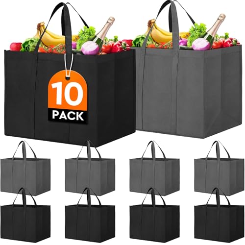 Reusable Grocery Shopping Bags 10 Pack Large Foldable Tote Bags Bulk - color: Black, Dark Grey