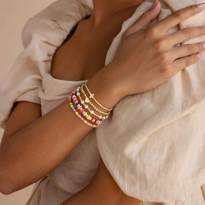 M MOOHAM Beaded Bracelets for Women Teen Girls, 14K Gold Bracelet Stack - color: 14K Gold Plated Cross