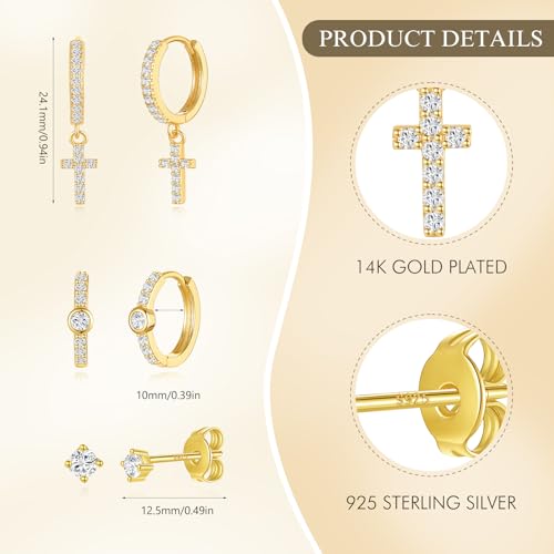 Angelady Gold Hoop Earrings Set for Women, Dainty 14K Gold Plated Flower Moon Cross Dangle Earrings, Hypoallergenic Huggie Hoop Earring Stacks, Stud Earrings for Women Trendy Jewelry Gift - color: Gold,Cross Earrings