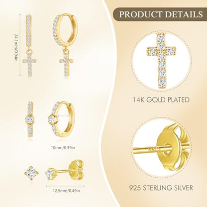 Angelady Gold Hoop Earrings Set for Women, Dainty 14K Gold Plated Flower Moon Cross Dangle Earrings, Hypoallergenic Huggie Hoop Earring Stacks, Stud Earrings for Women Trendy Jewelry Gift - color: Gold,Cross Earrings