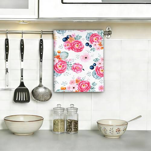 Pink Rose Flower Kitchen Dish Towels,Farmhouse Watercolor Floral Hand Towels 16x24 Inch Decorative Absorbent Dish Cloth for Cooking Baking Cleaning Bathroom Decor Set of 2 - color: Pink Rose Flower Watercolor