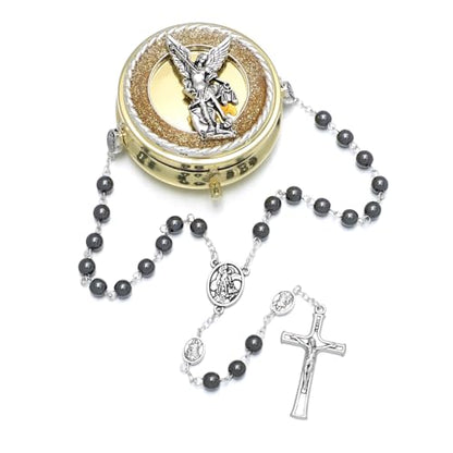 KOMI 6mm Glass Pearl Rosary Beads Catholic for Women with Metal Rosary Box Religious Gifts - style: St Michael-hematite