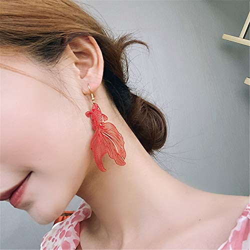 Unique Chic Lightweight Hollow Fish Dangle Drop Hook Earrings Charm Pink Red Asymmetry Goldfish Dangle Earrings For Women Girls Statement Jewelry Gifts - color: Red