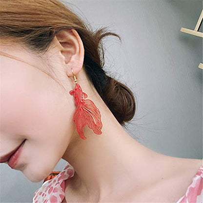 Unique Chic Lightweight Hollow Fish Dangle Drop Hook Earrings Charm Pink Red Asymmetry Goldfish Dangle Earrings For Women Girls Statement Jewelry Gifts - color: Red
