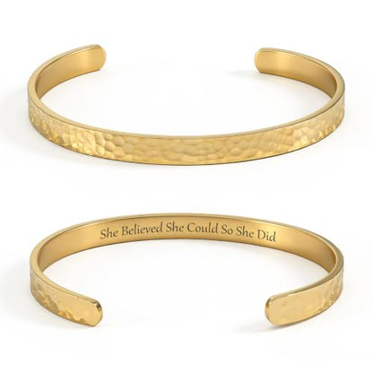 Inspirational Bible Verse Cuff Bracelet for Women, 18K Gold Plated Hammered Bangle, Christian Faith Jewelry Gift, Adjustable Non Tarnish - color: She believed she could so she did-Hammered Gold