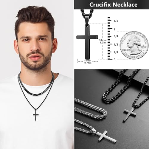 Romass 4Pcs Cross Necklace for Men Teen Boys,Stainless Steel Chains for Men Layered Necklaces Silver Gold Black Pendant Jewelry Box Gifts 18-24 Inches - size: Chain-22in/Necklace-24in, style: 4Pcs 1.2"* 0.7"pendant-Silver+Black