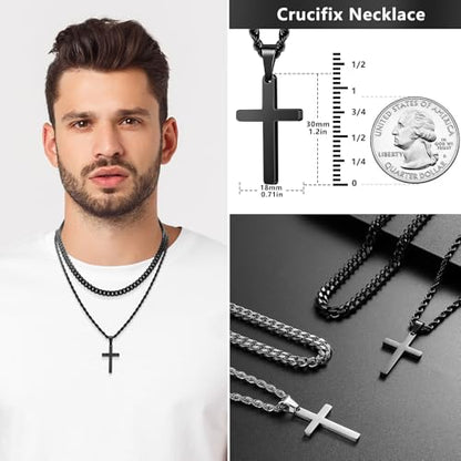 Romass 4Pcs Cross Necklace for Men Teen Boys,Stainless Steel Chains for Men Layered Necklaces Silver Gold Black Pendant Jewelry Box Gifts 18-24 Inches - size: Chain-22in/Necklace-24in, style: 4Pcs 1.2"* 0.7"pendant-Silver+Black