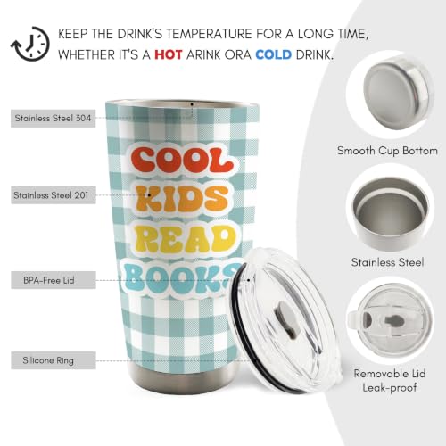 Blue Gingham Cool Kids Read Books 20oz Travel Coffee Mug Tumbler - color: cool