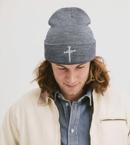Christian Jesus Cross Beanie - Faith Winter Beanie Hats for Men Women - Religious Gifts for Christmas & New Years - color: Three Nails Cross/Grey