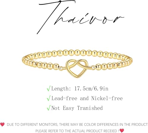 Beaded Bracelets for Women 14K Silver Gold Plated Stretch Handmade Ball Bracelets Cute Charm Bracelet Dainty Stackable Cross Heart Bow Wave CZ Circle Trendy Jewelry Easter Gifts - color: Gold-5